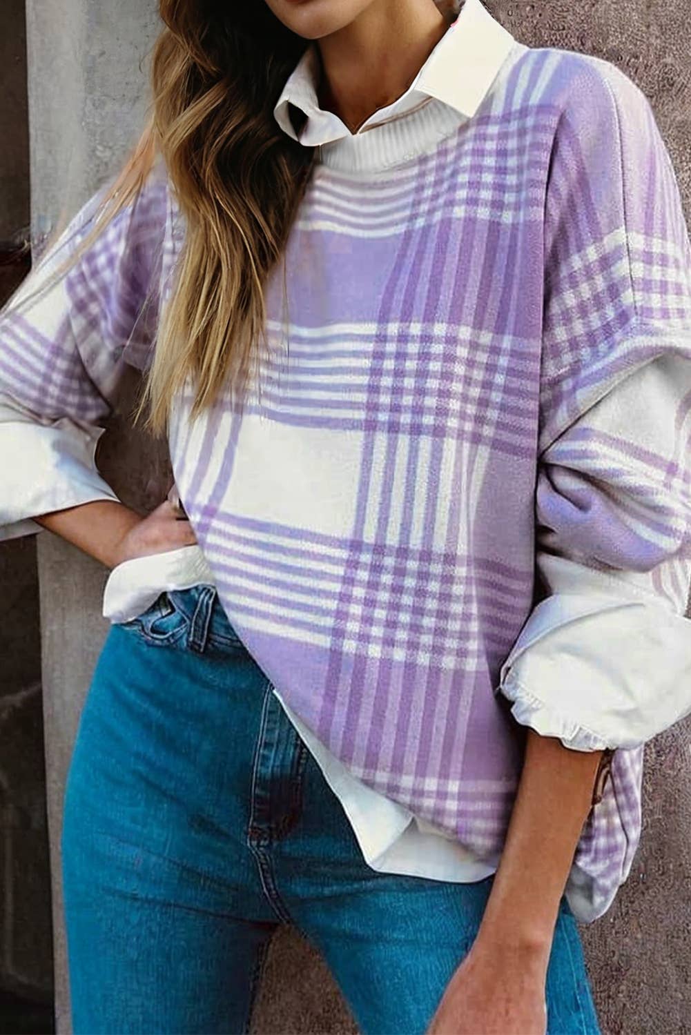 Plaid Print Ribbed Trim Loose Sweater (S-Xl)
