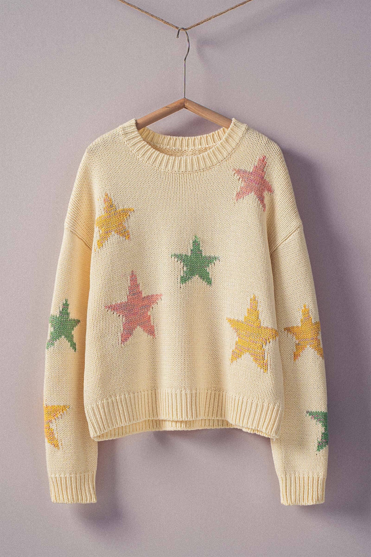 Pastel Star Intarsia Knit Boxy Cropped Sweater