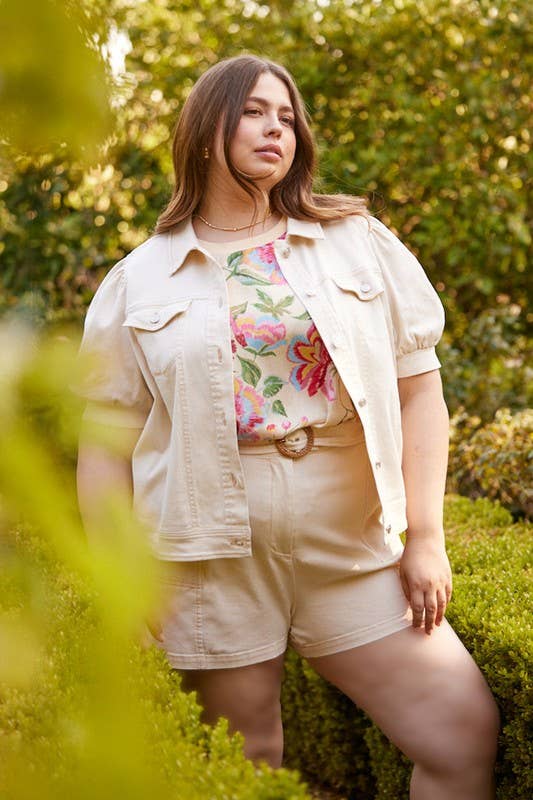Plus Size Washed Puff Sleeve Cropped Jacket