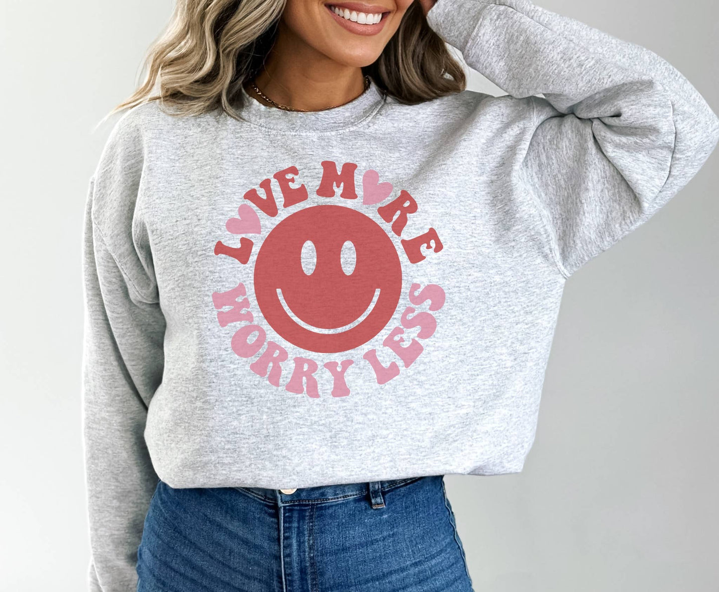 Love More Happy Face Crew Neck Sweatshirt Valentines