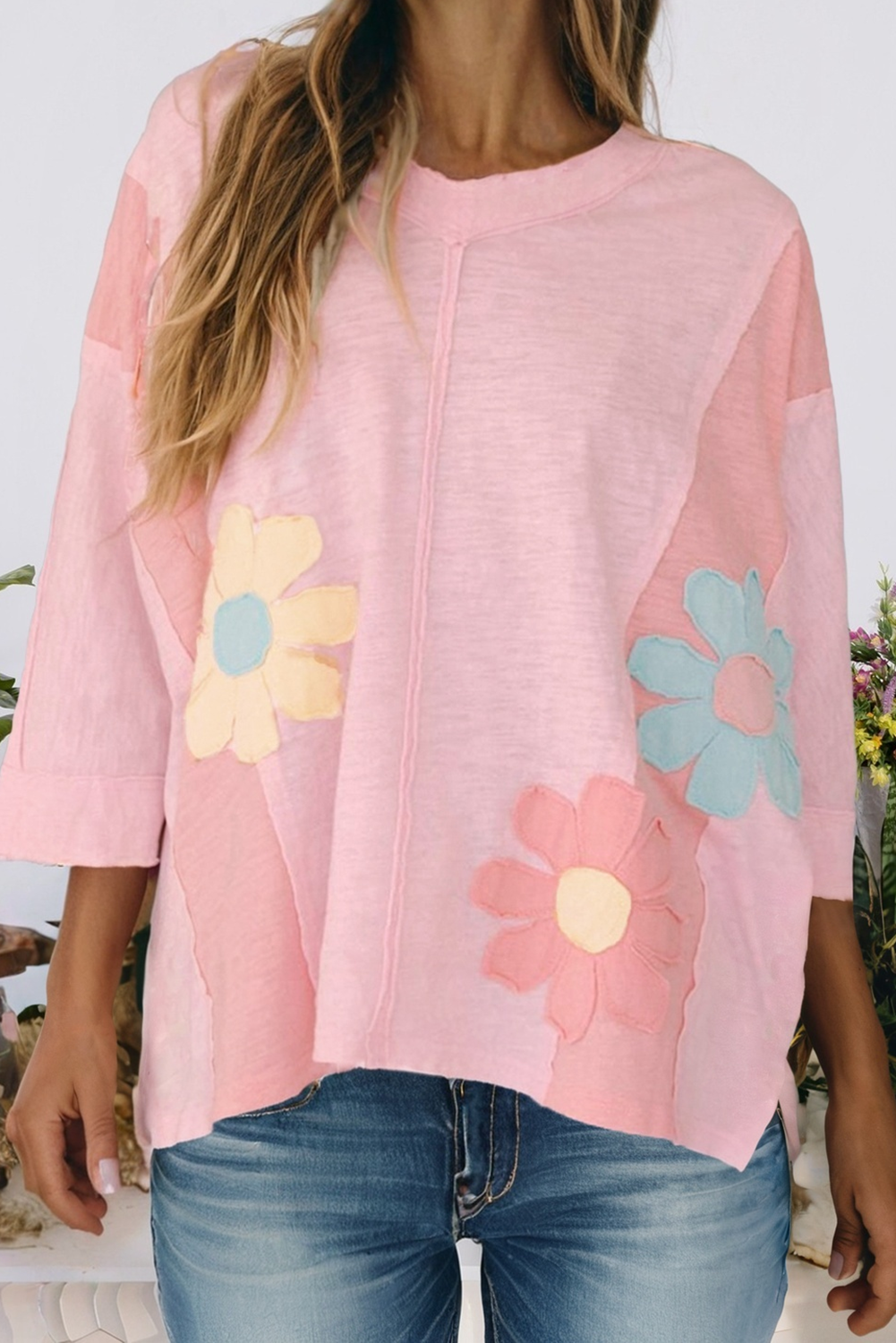 Floral Patch Exposed Seam Oversized T Shirt (S-Xl)