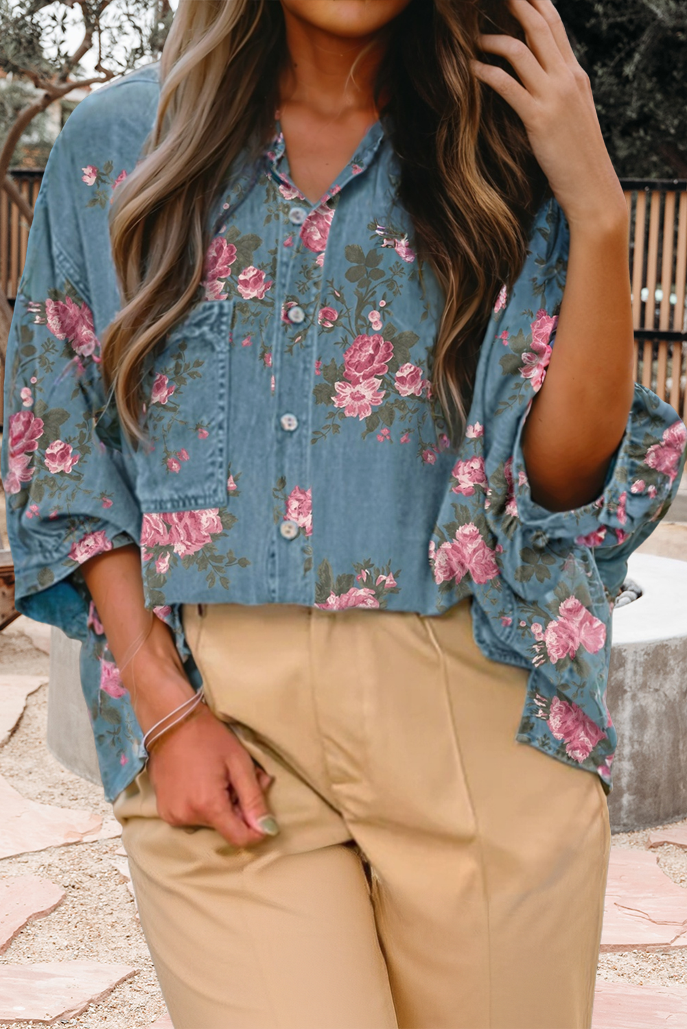 Floral Print Collared Bracelet Sleeve Denim Shirt (S-Xl)