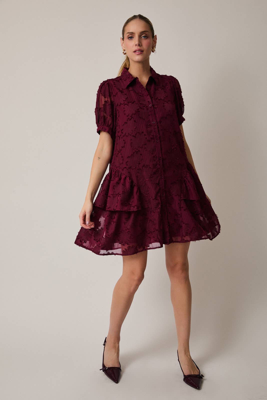 Short Sleeve Tiered Button Down Shirt Mini Dress