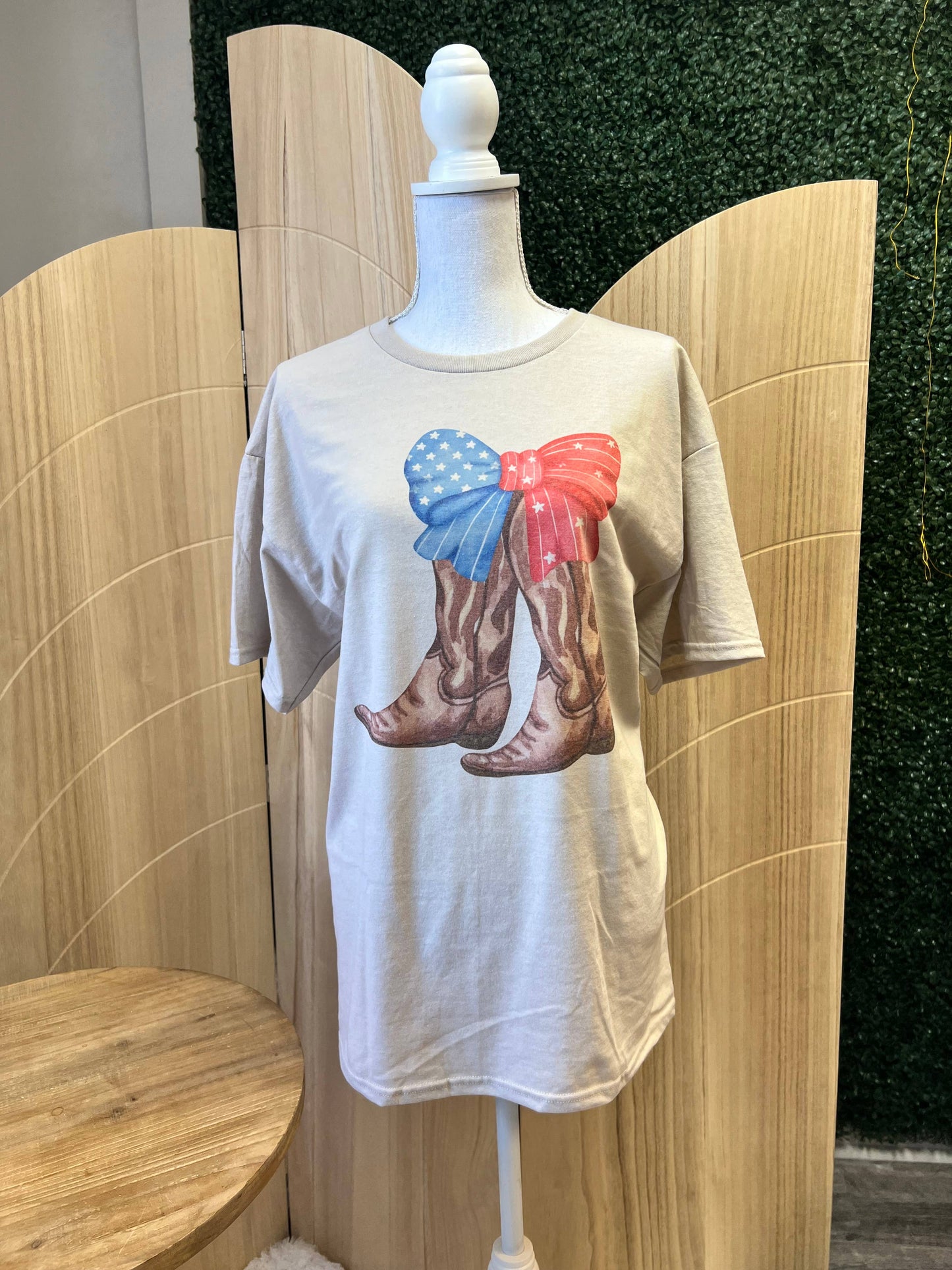 Patriotic Bow with Brown Cowboy Boots On Sand Tee