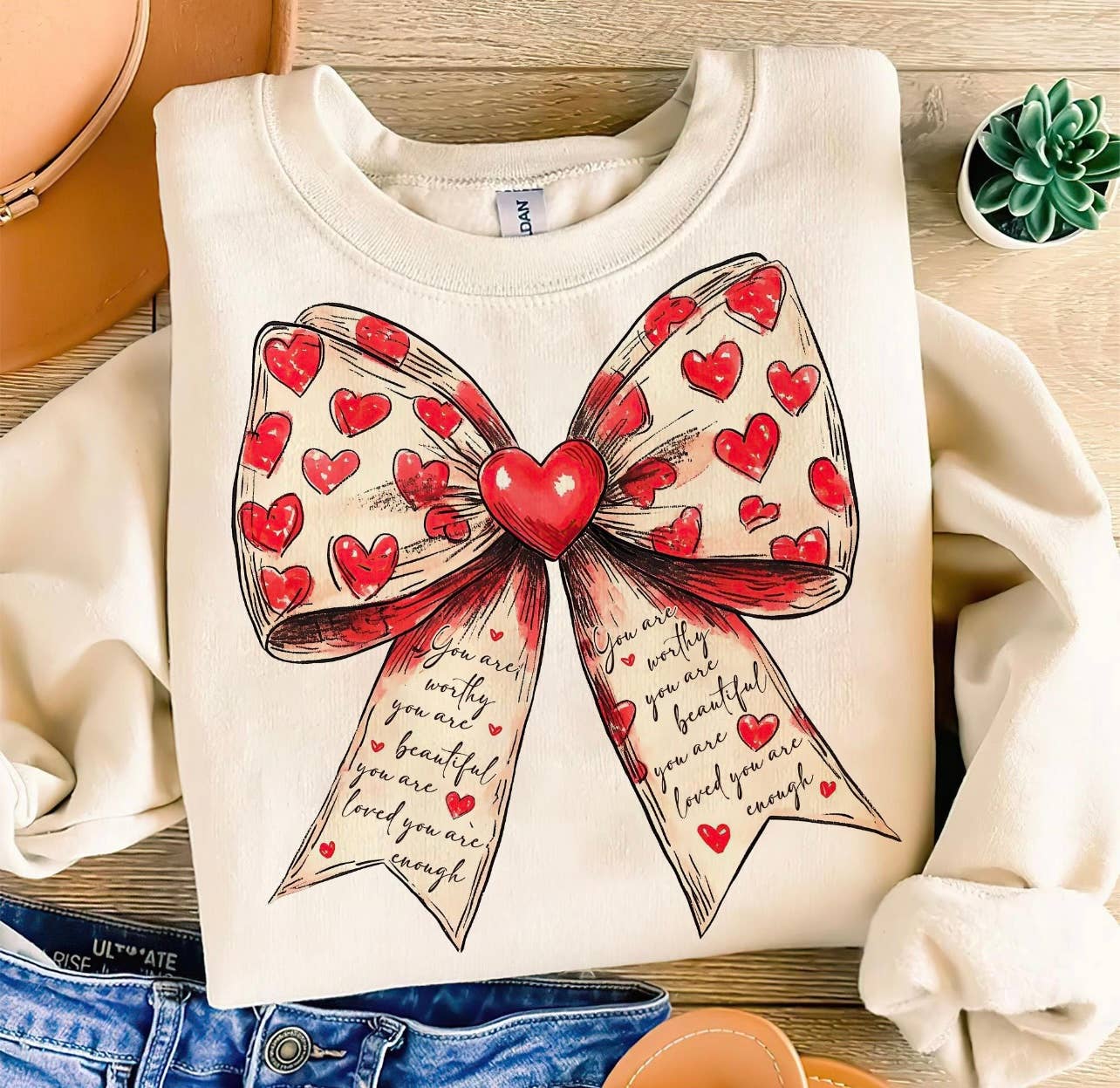 You Are Worthy and Beautiful Heart Love Bow Sweatshirt
