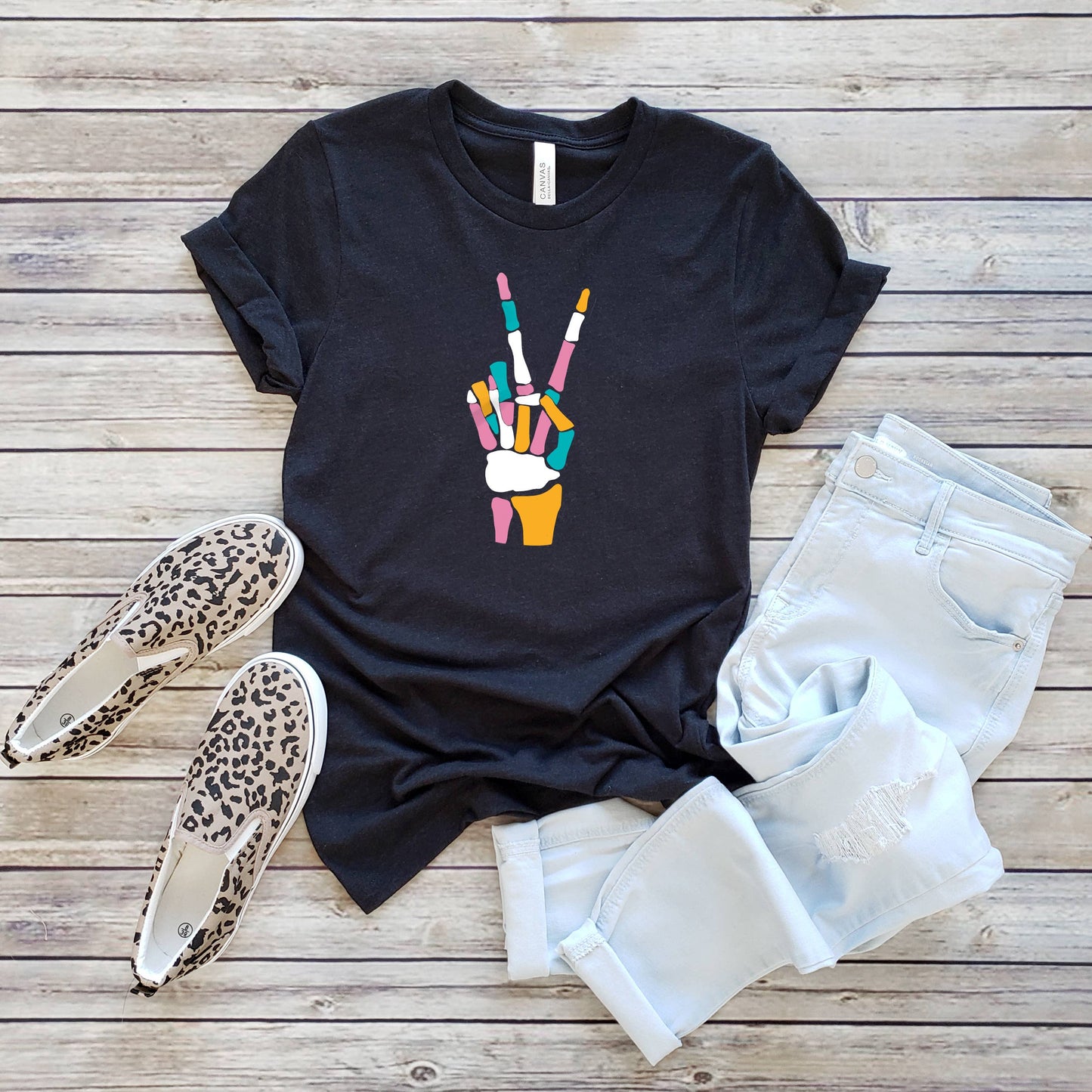 Colorful Skeleton Peace Sign Tee | Halloween | Sizes XS-2XL