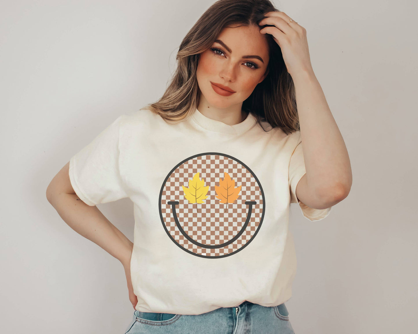 Checker Leaf Happy Face Tee | Fall Shirt Graphic Tee