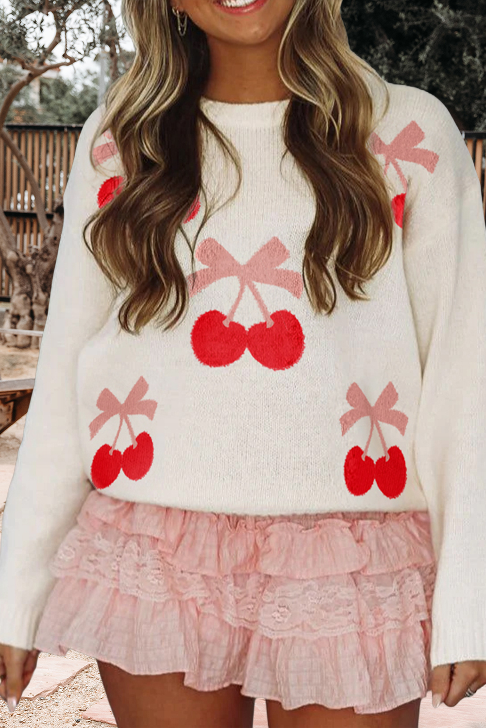 Valentine Cherry Pattern Drop Shoulder Sweater (S-Xl)