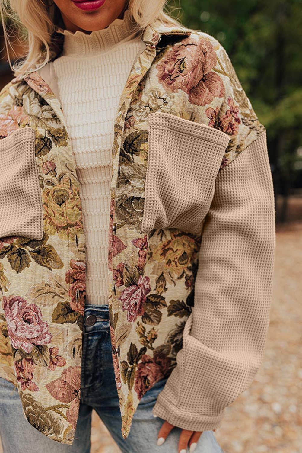 Waffle Knit Patchwork Chest Pockets Buttoned Jacket