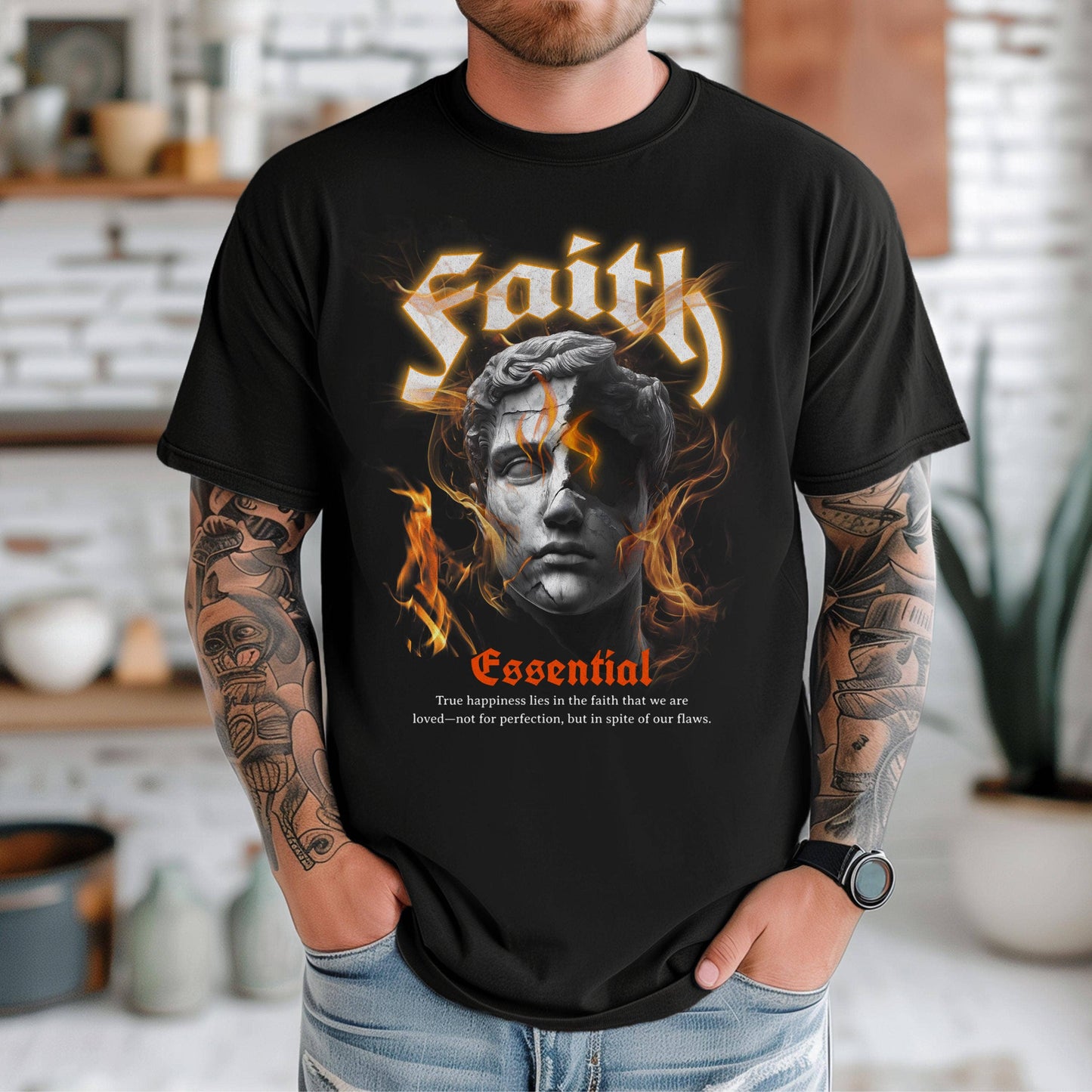 Faith Fire Statue Graphic Tee - Inspirational Streetwear