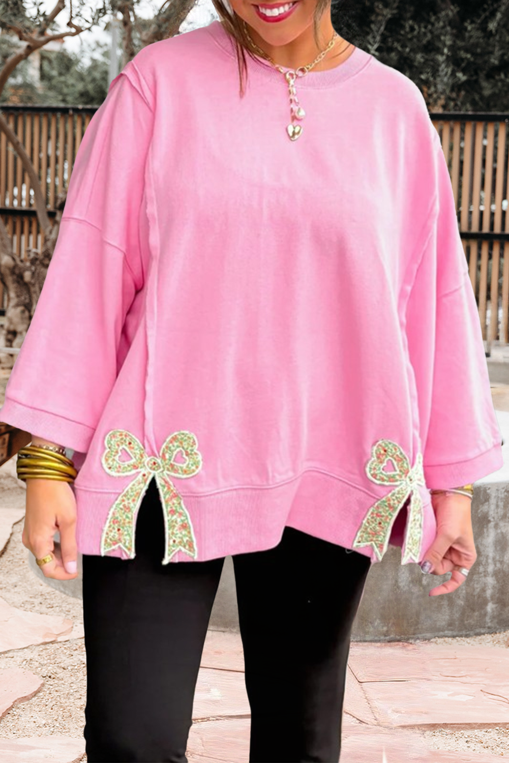Floral Bow Patched Exposed Seam Patchwork Sweatshirt (S-Xl)