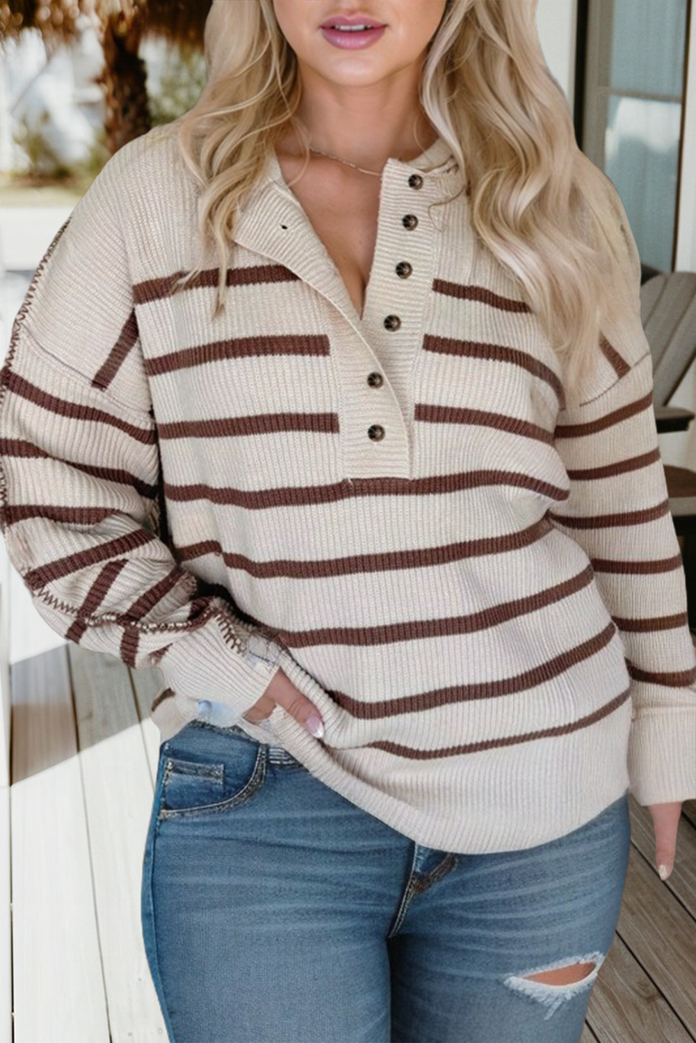 Stripe Ribbed Henley Drop Shoulder Slouchy Sweater (S-Xl)