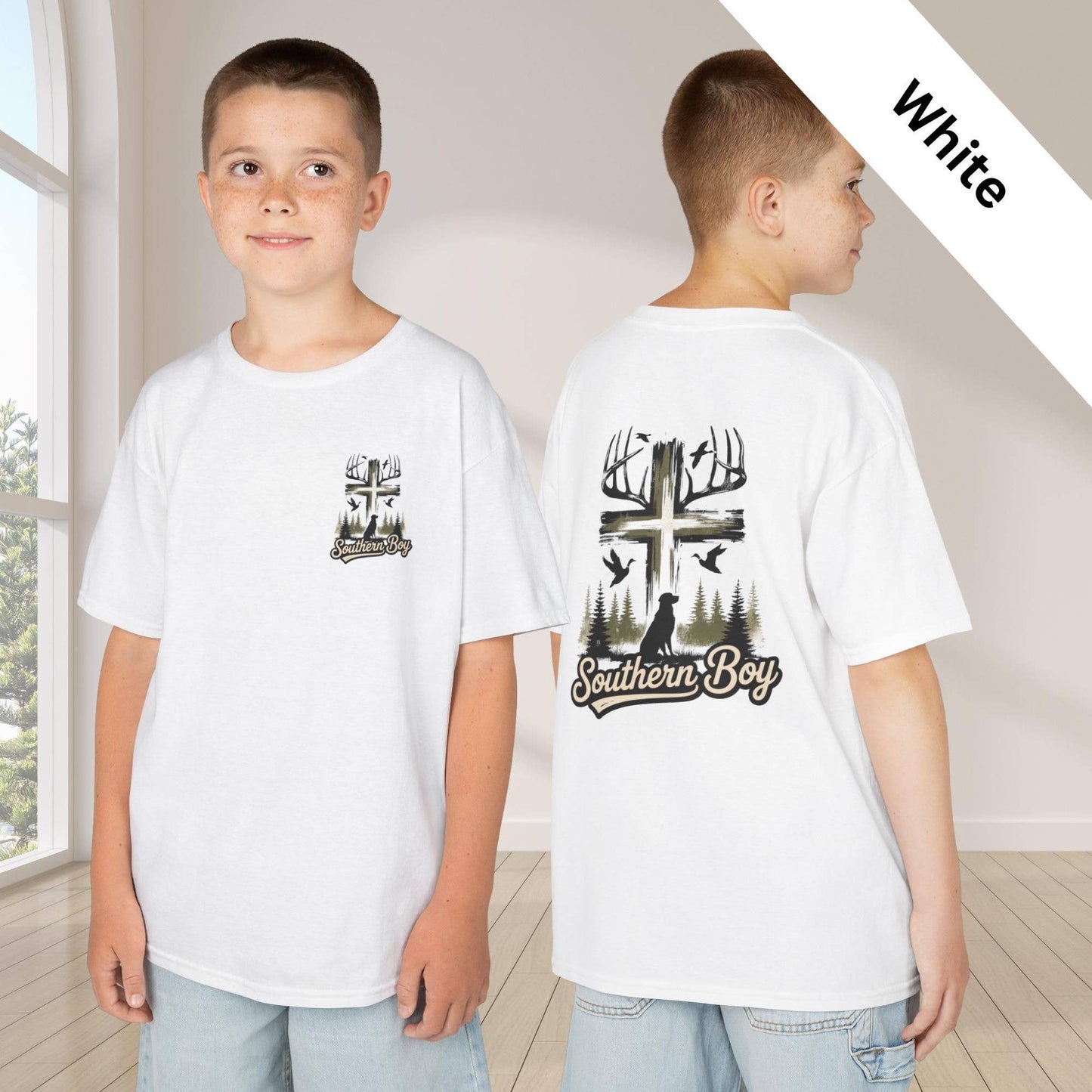 Southern Boy Youth Shirt Hunting Dog Antler Cross Tee