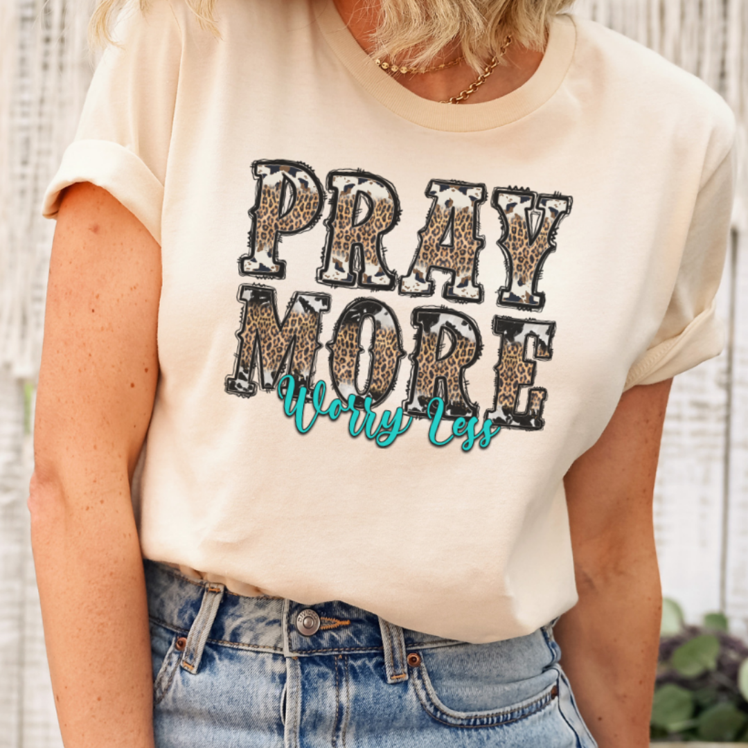 Pray More Worry Less Cow Print and Leopard Graphic Tee
