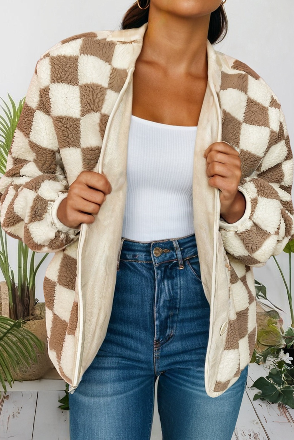 Checkered Sherpa Buttoned Front Chunky Jacket (S-Xl)