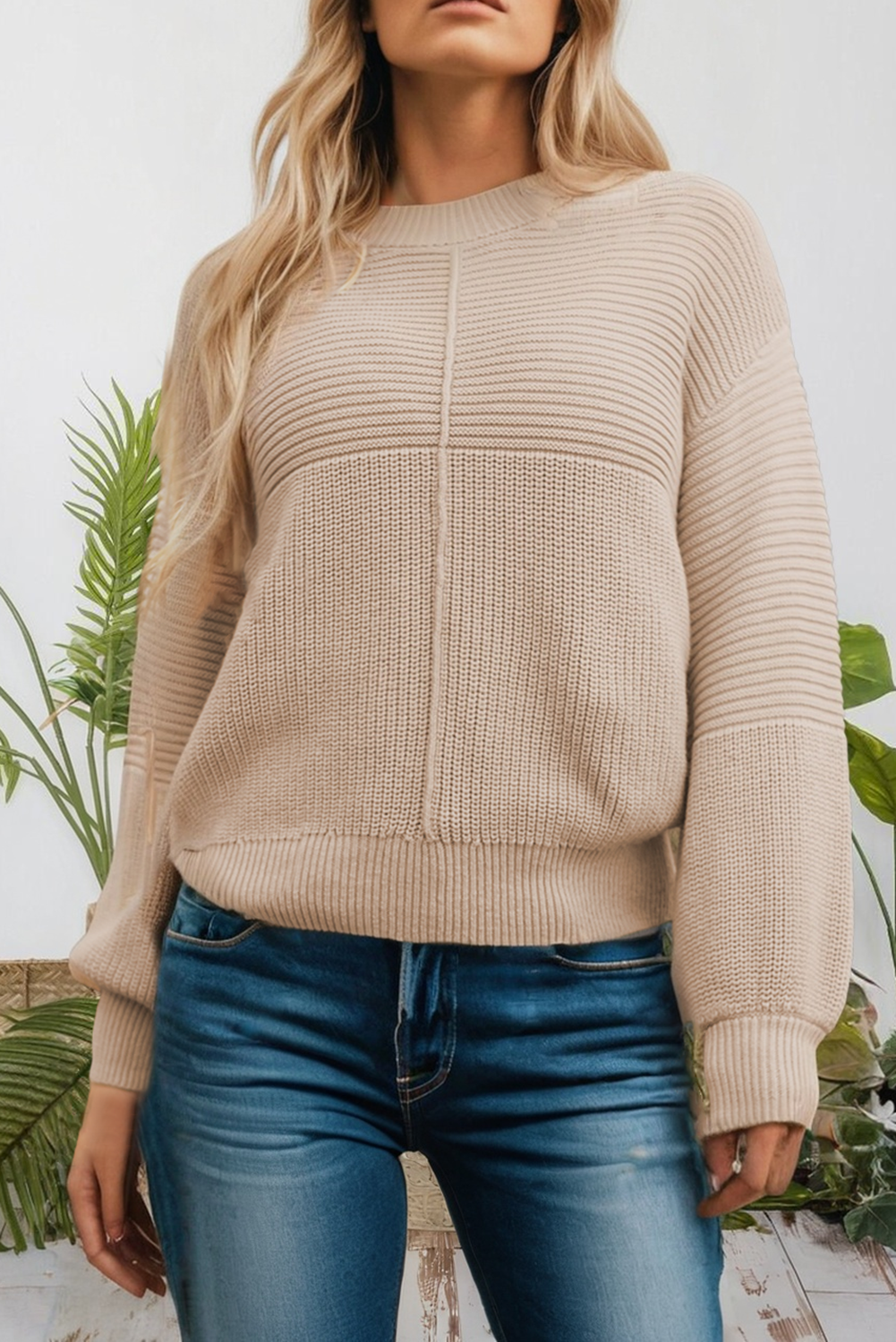 Mixed Texture Patchwork Knitted Puff Sleeve Sweater (S-Xl)