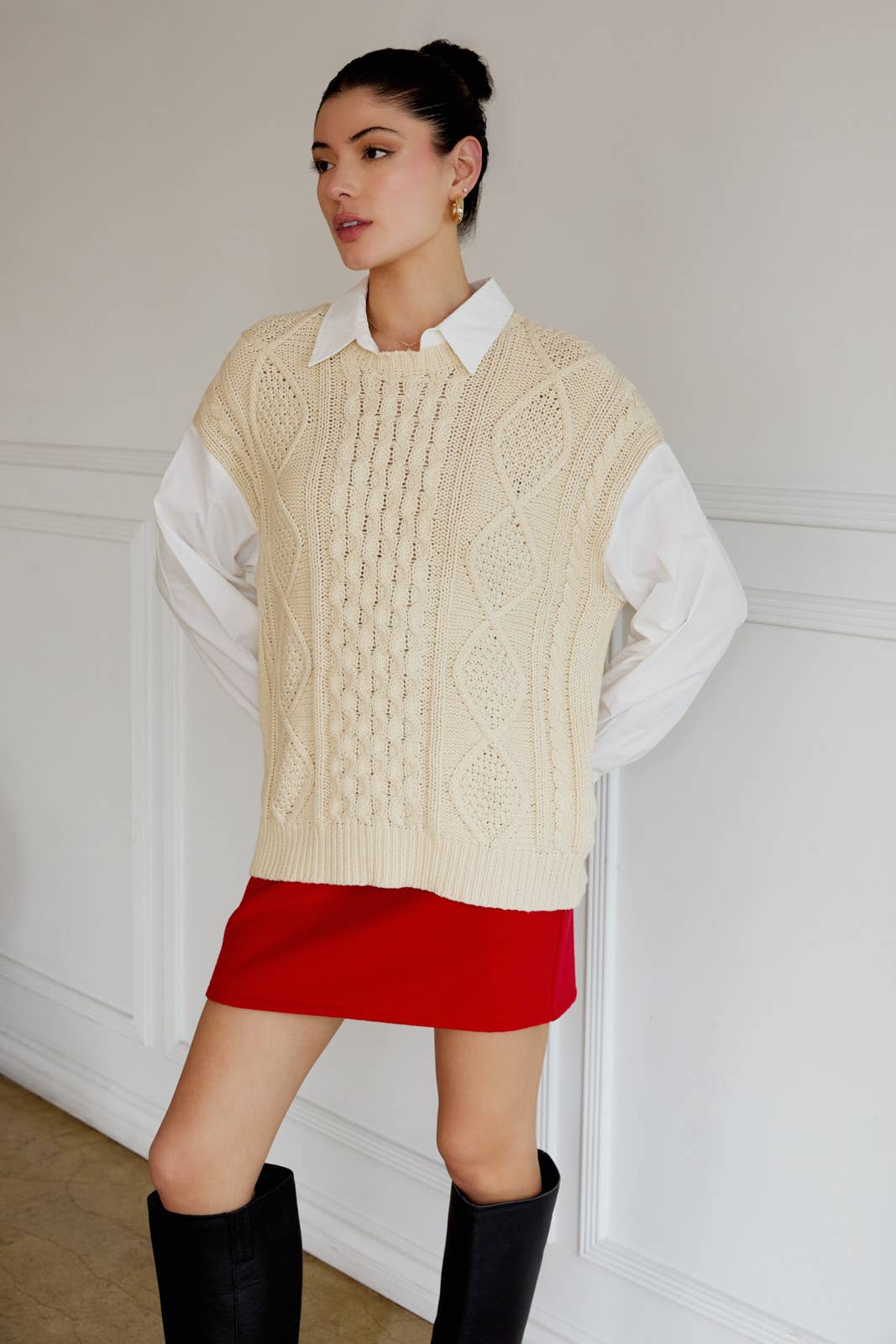 Collared Cable Knit & Shirt Mix Long Sleeve Top