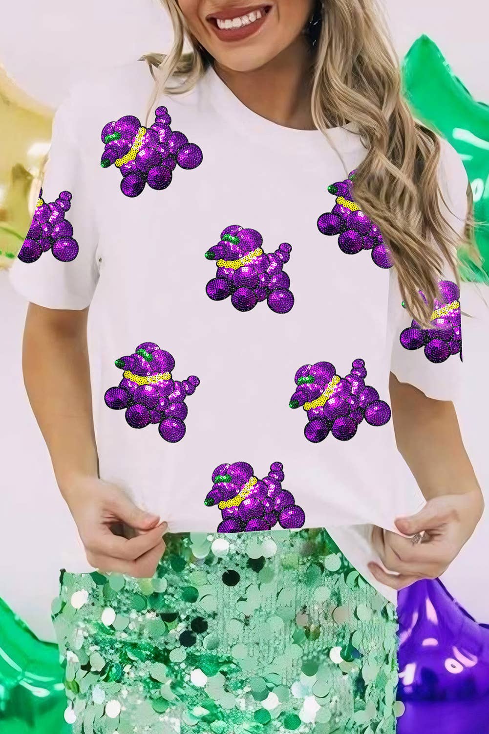 Sequin Balloon Puppy Graphic Mardi Gras Tee (S-3XL)