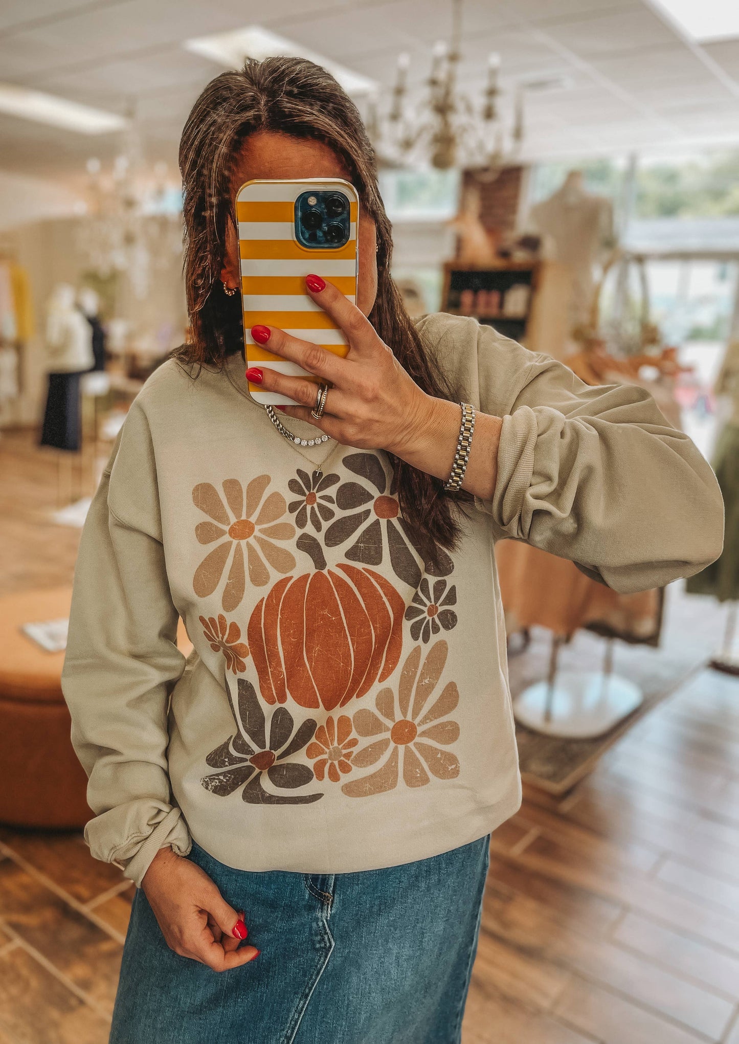 Retro Pumpkin Floral Chart Fall Crew Neck Sweatshirt