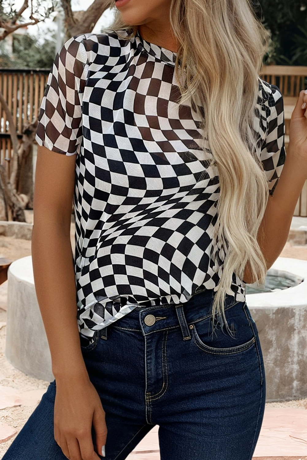Checkered Mesh Crew Neck Short Sleeve T Shirt (S-Xl)