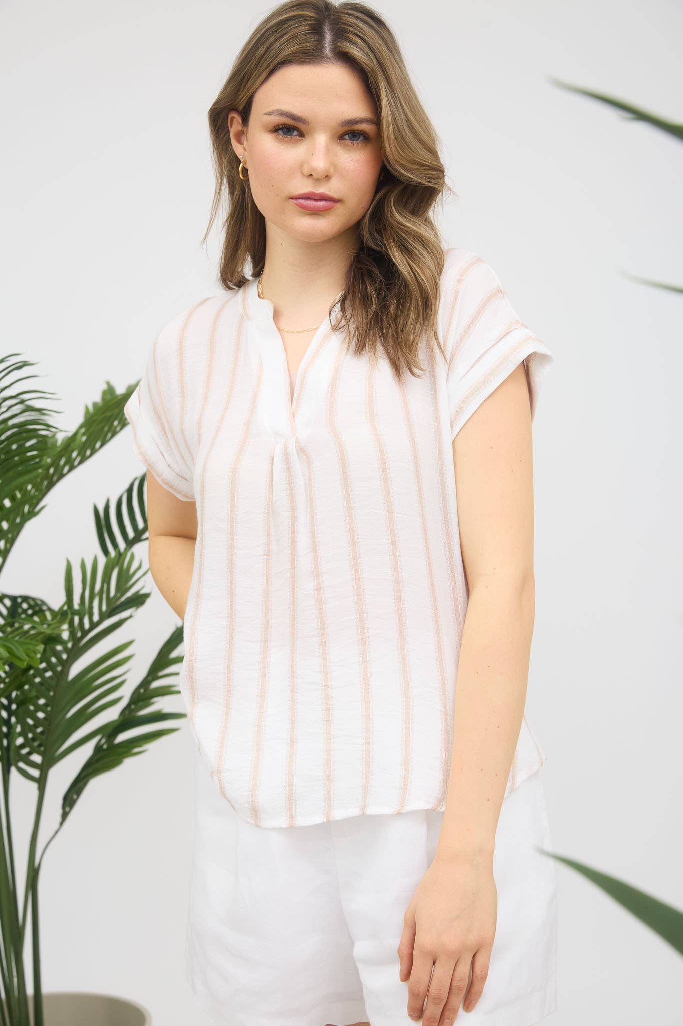 Plus Stripe Split Neck Back Button Shirt