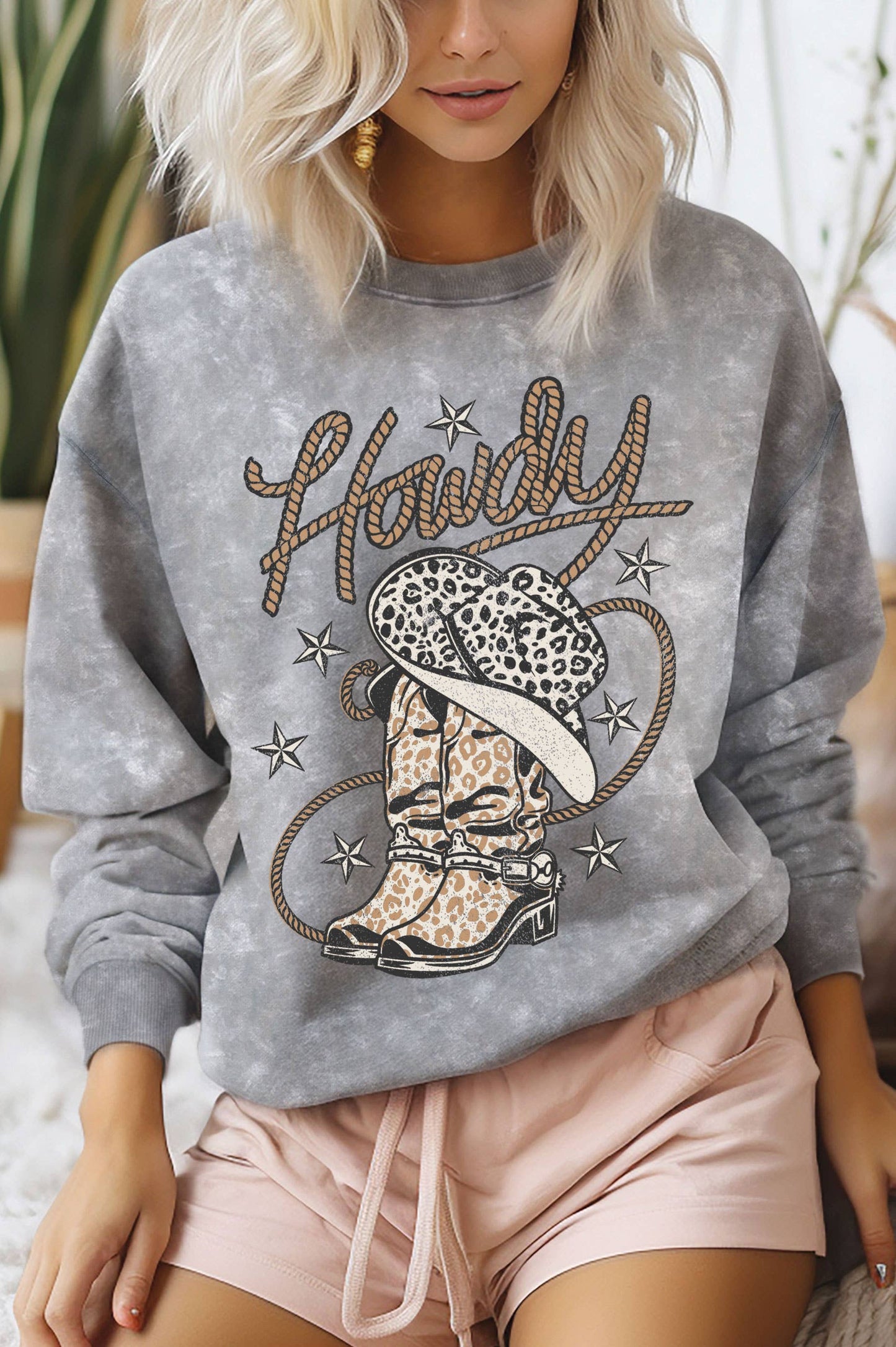 Howdy Western Leopard Boots Mineral Graphic Brush Sweatshirt