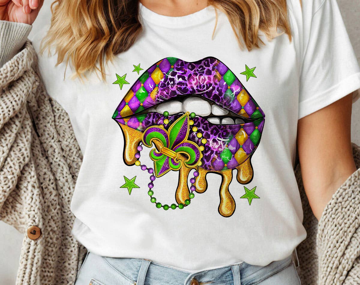 Mardi Gras Lips Beads Stars - Cute Party Nola T-Shirt