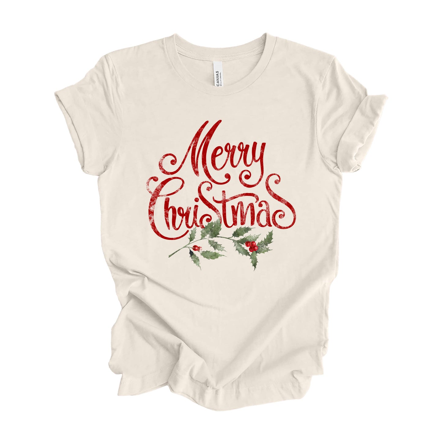 Merry Christmas Red Holly Heather Natural Tee