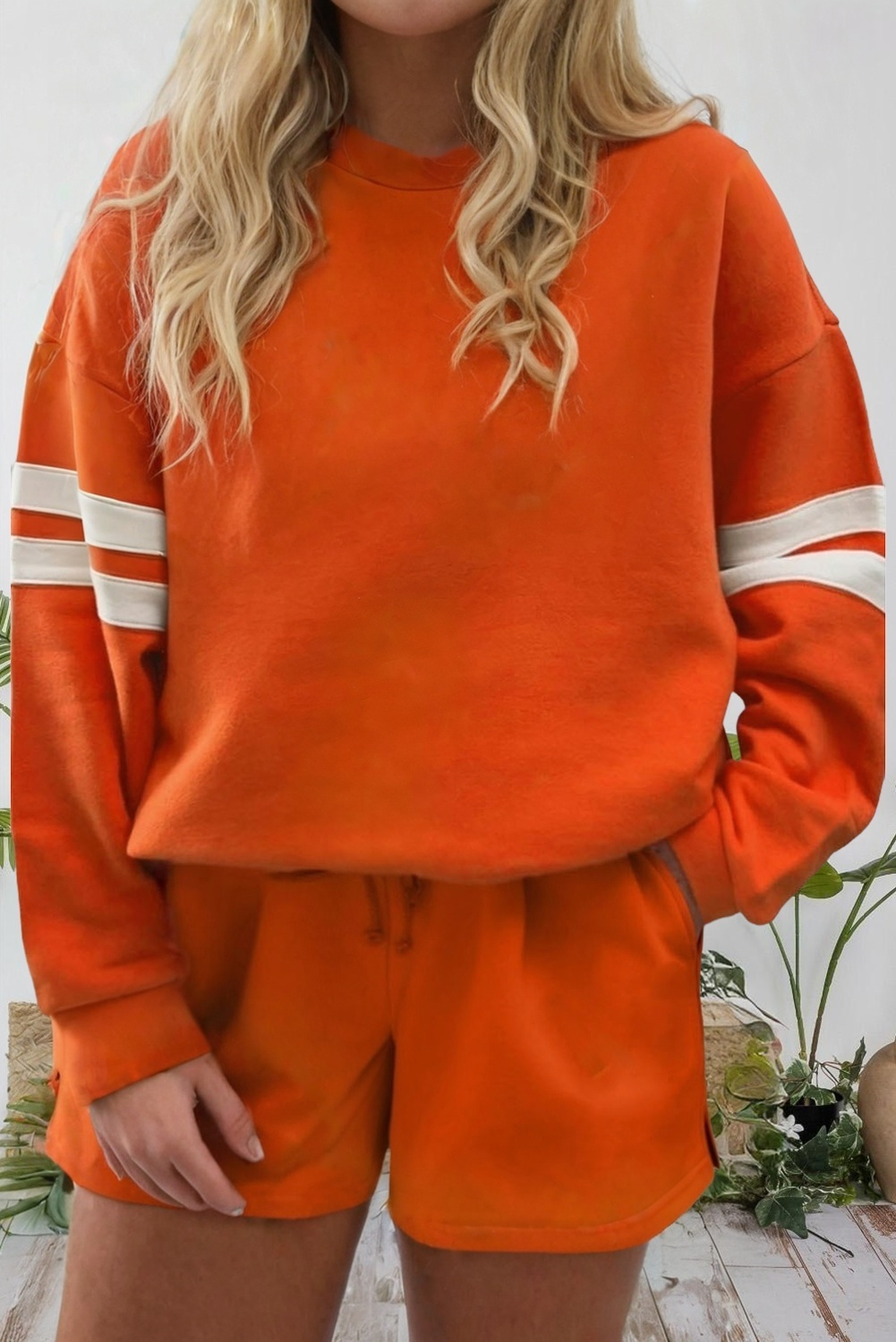Plus Size Varsity Striped Sleeve Sweatshirt and Shorts Set