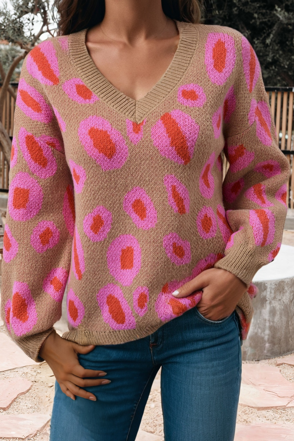 Leopard Print Long Sleeve V Neck Sweater (S-Xl)