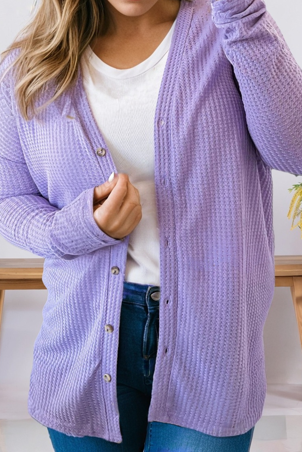 Plus Size Waffle Knit Button Front Sweater Cardigan