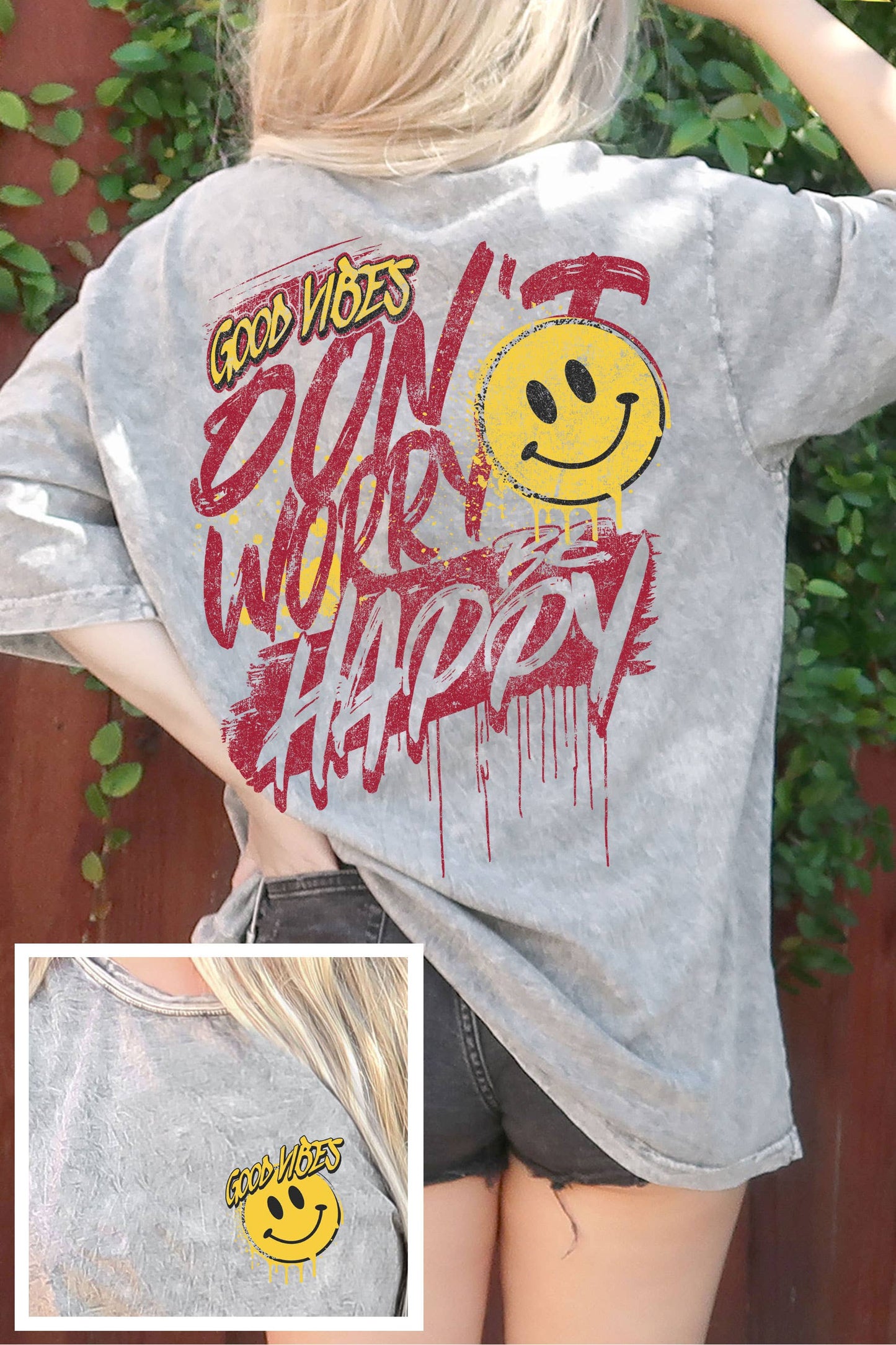 Good Vibes Be Happy Face F&B Mineral Oversize Graphic Tshirt