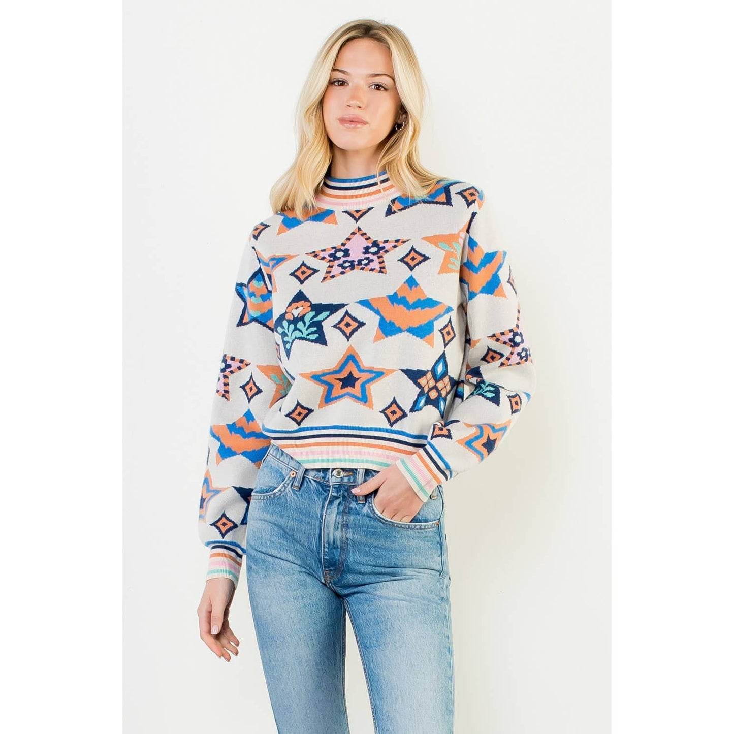 Geometric Star Mock Neck Knit Sweater