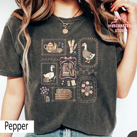 Coquette Goose Reading Cottagecore Bookish Teacher Librarian Bookish Goose Comfort Colors Tee Teacher Reading Book Lover (1)