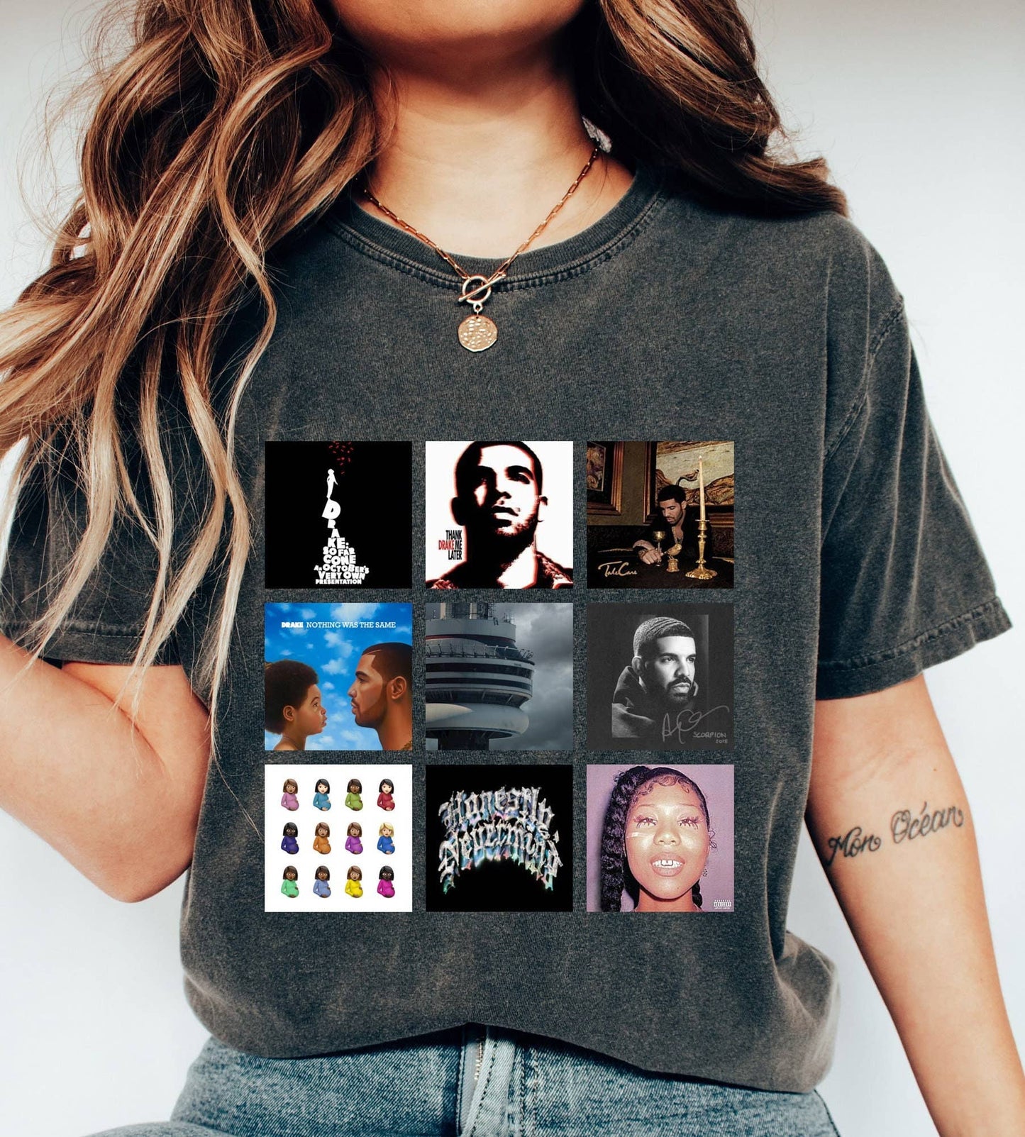 Vintage Wash T-Shirt with Hip-Hop Album Covers Collage