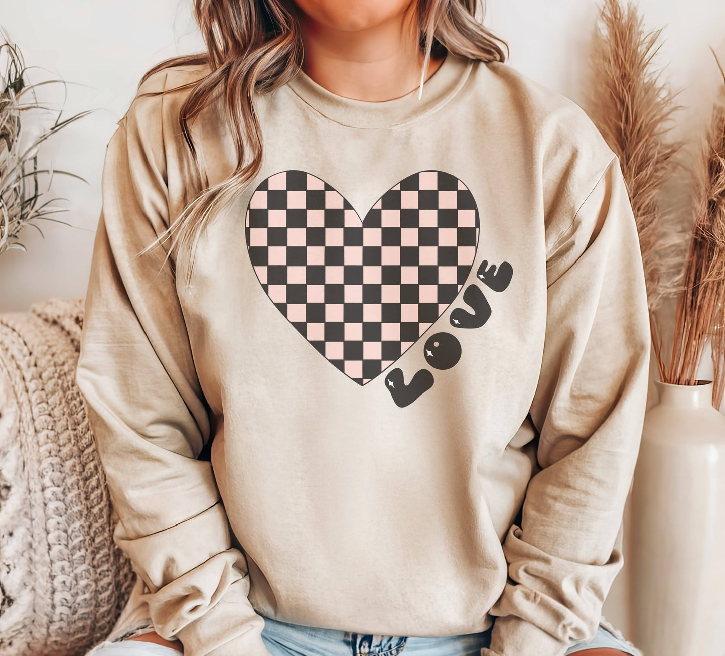 Checkered Heart Crew Neck Sweatshirt Valentines