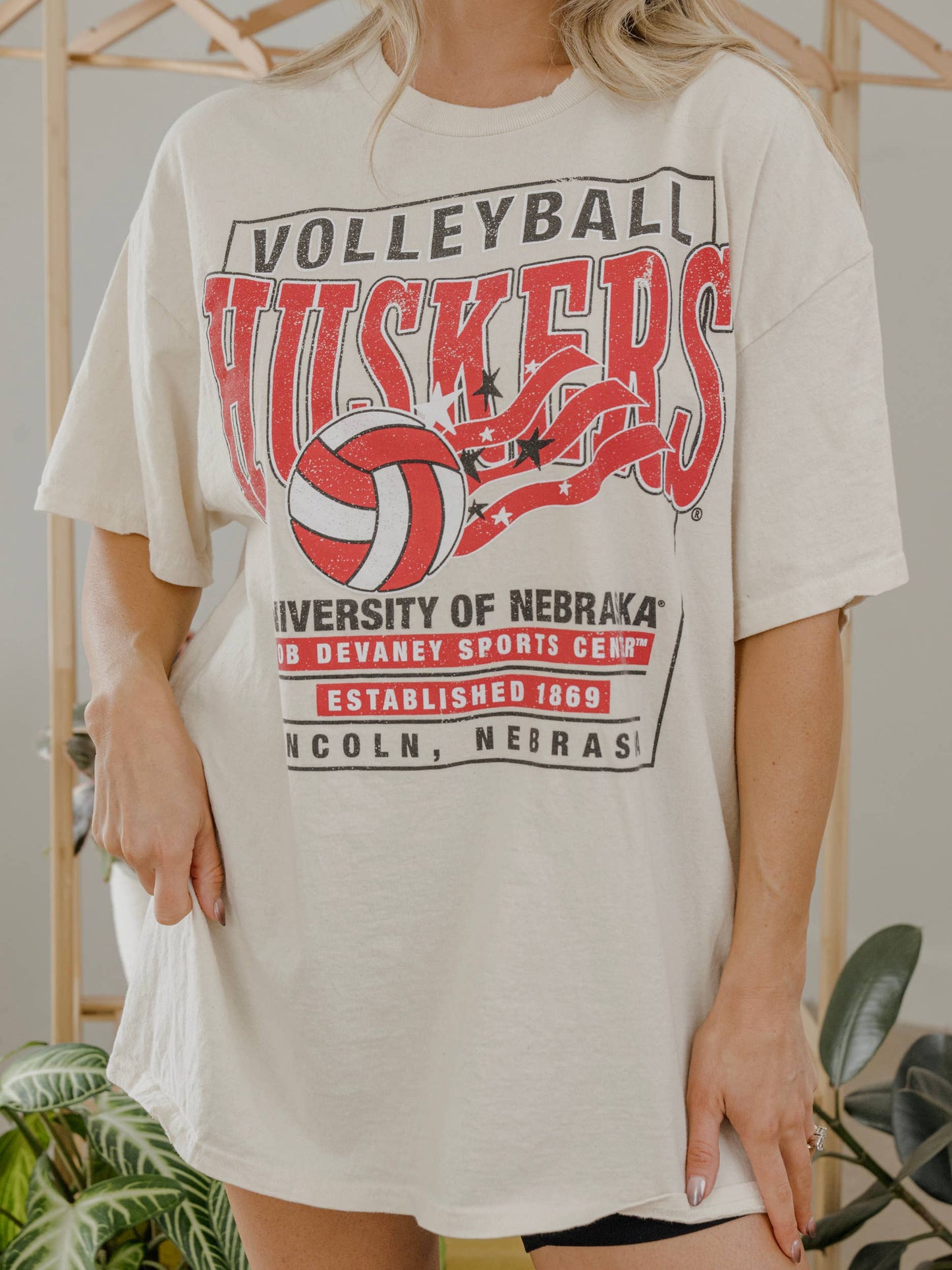 Nebraska Huskers Volleyball Stars Off White Thrifted Tee