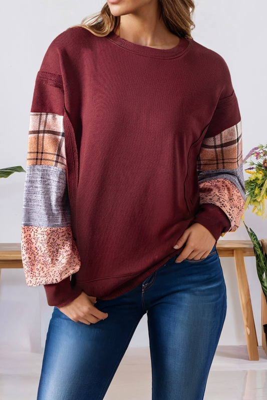 Plaid Colorblock Patchwork Sleeve Raw Seam Sweatshirt (S-Xl)