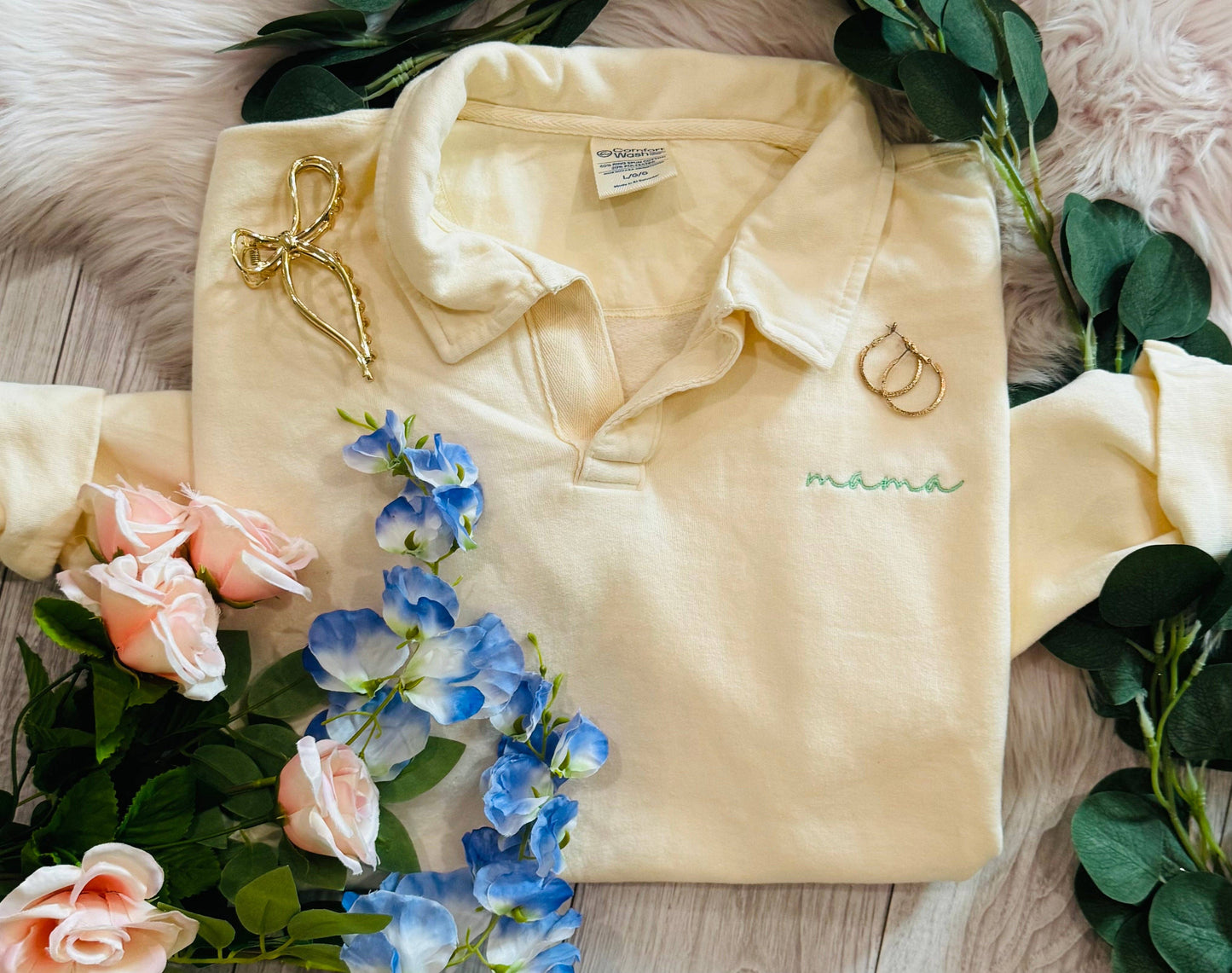 Chambray Dainty Mama Embroidered Split Neck Sweatshirt