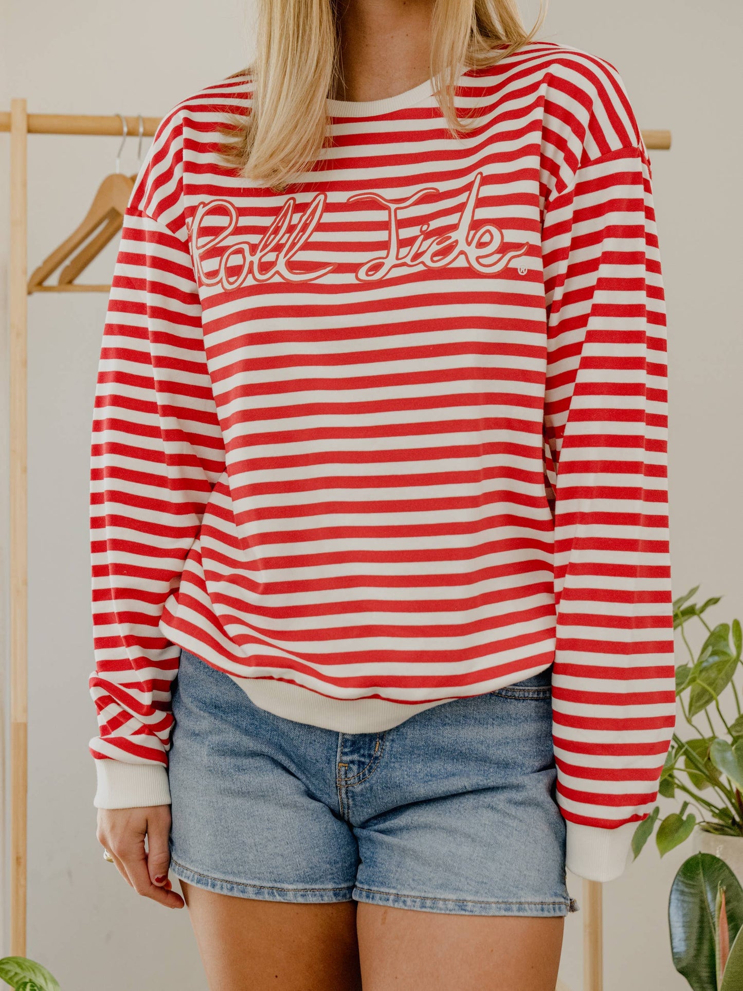 Bama Roll Tide Simple Script Rd/Wt Stripe Hi-Dive Sweatshirt