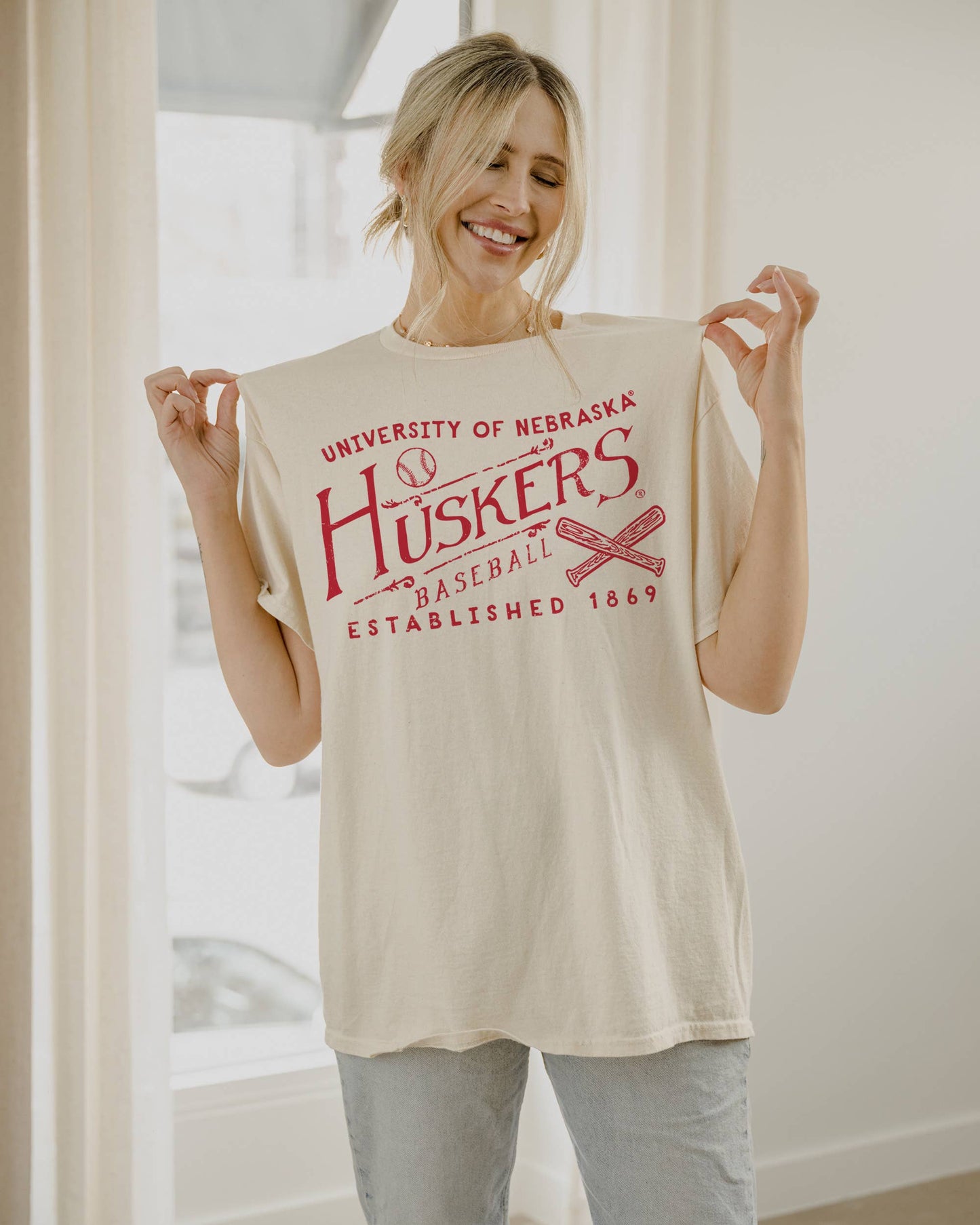 Nebraska Huskers Rl Baseball Off White Thrifted Tee