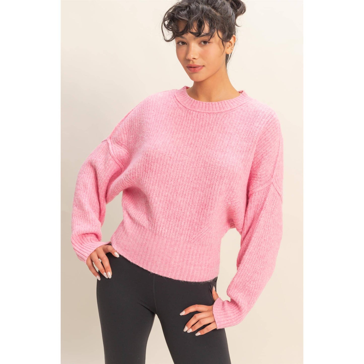 Ribbed Crew Neck Fitted Hem Sweater