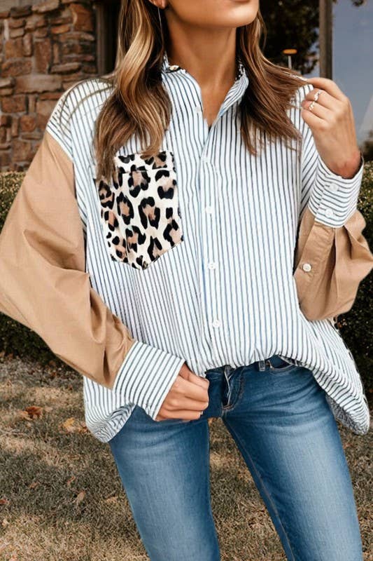 Leopard Patchwork Chest Pocket Buttoned Sleeve Shirt (S-Xl)