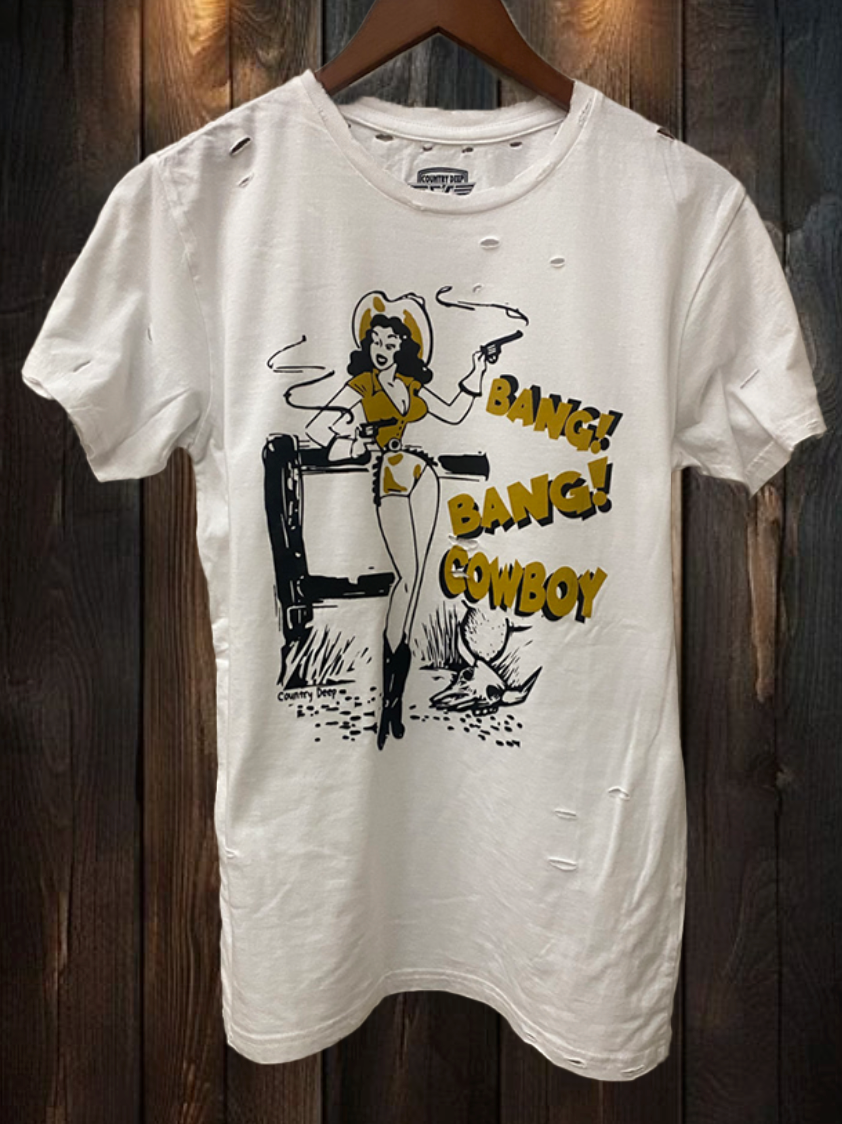 Bang Bang Cowboy Distressed T-Shirt