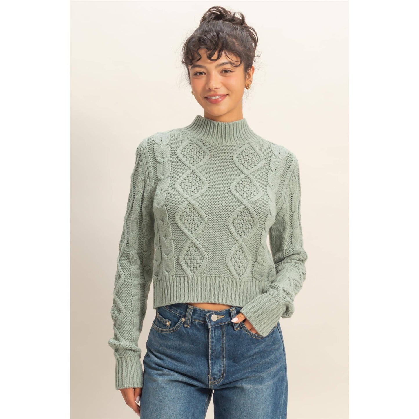 Textured Cable-Knit High Neck Sweater