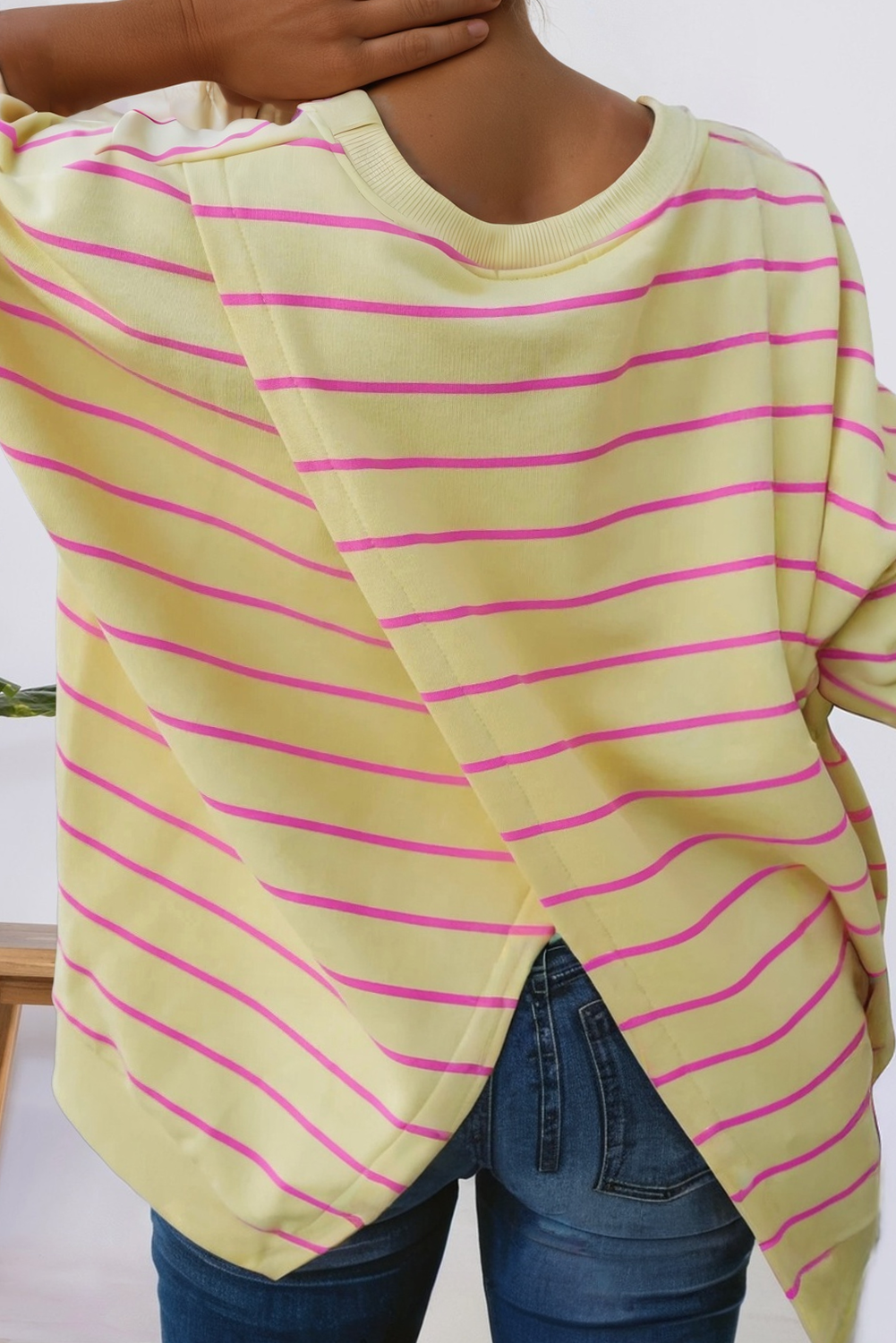 Striped Overlap Drop Shoulder Pullover Sweatshirt (S-Xl)
