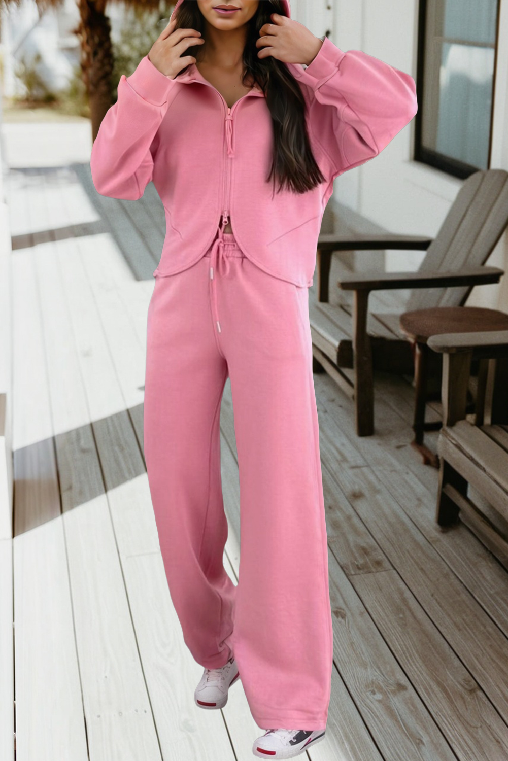 Solid Color Zip Up Hoodie Drawstring Loose Pants Set (S-Xl)