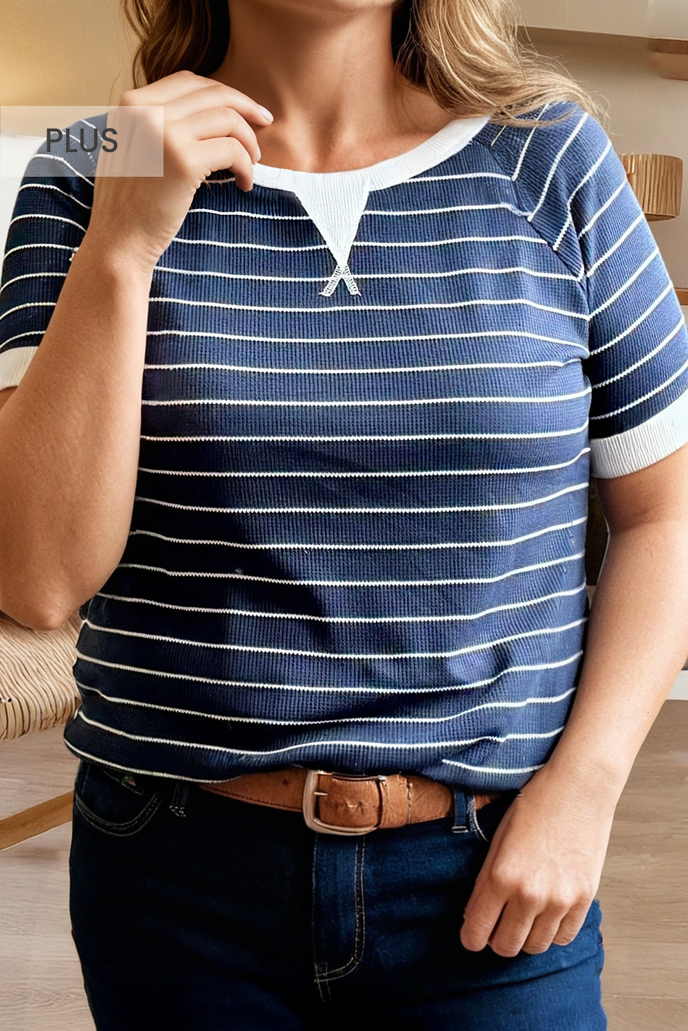 Plus Size Stripe Contrast Trim Ribbed T Shirt