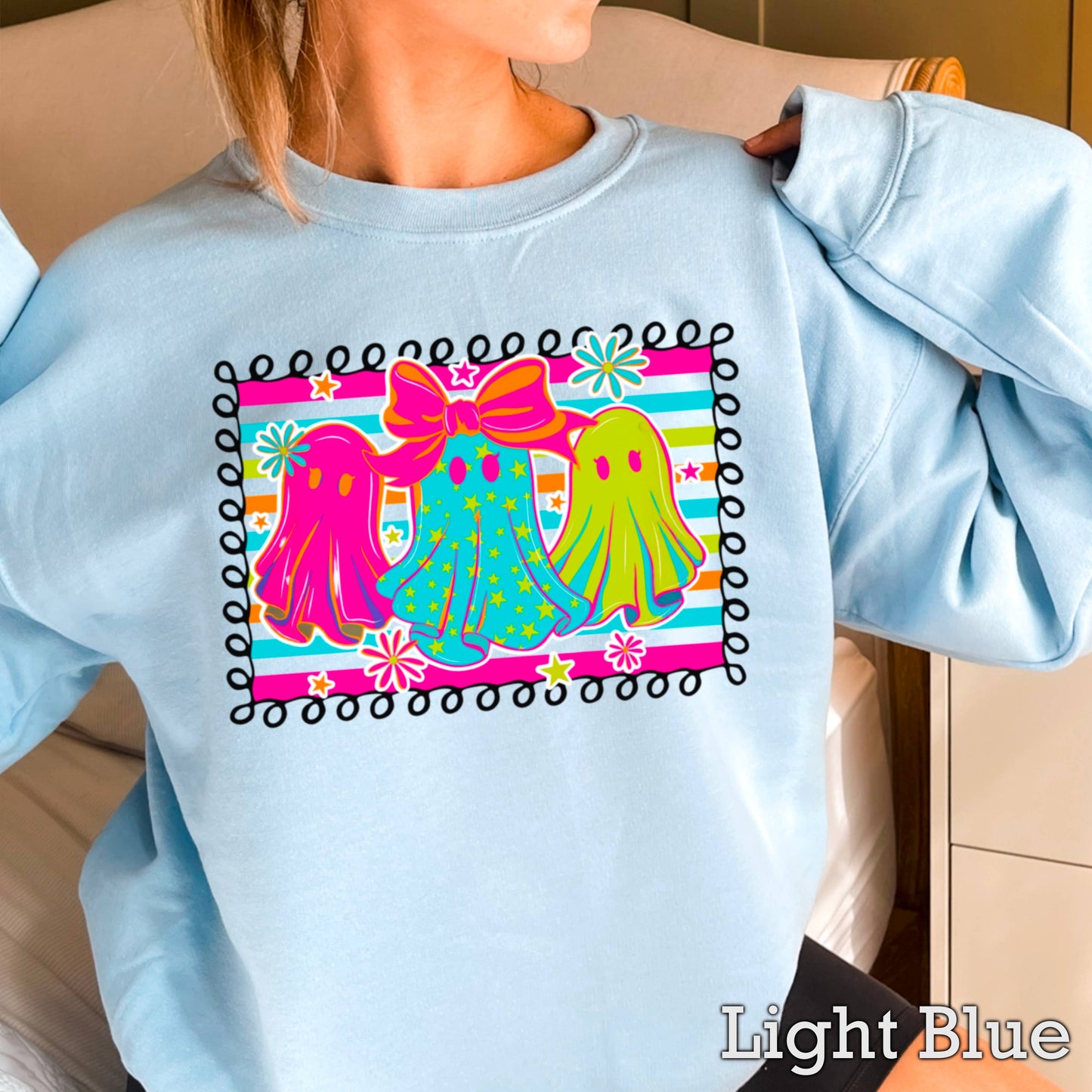 Preppy Neon Ghost Halloween 2025 Graphic Sweatshirt