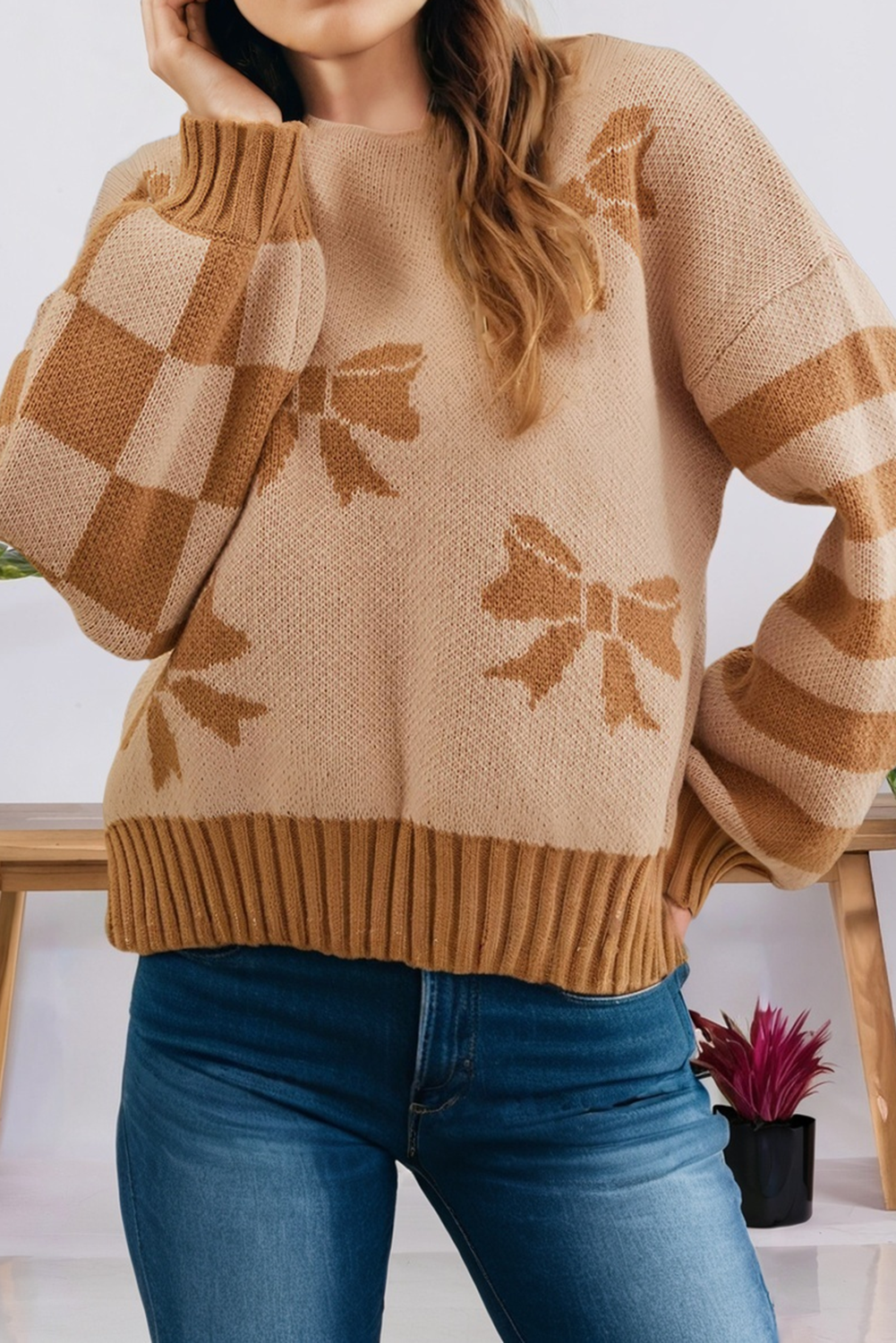 Striped Checkered Sleeves Bow Print Knit Sweater (S-Xl)